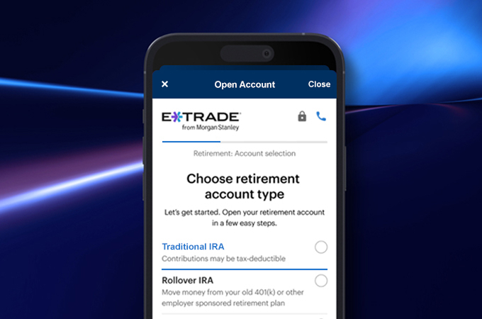 E*TRADE mobile app shown with the online application for retirement accounts and IRAs