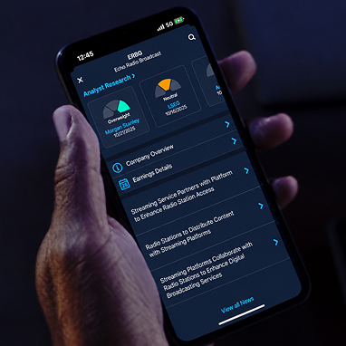 Mobile device showing the E*TRADE app with analyst research from Morgan Stanley