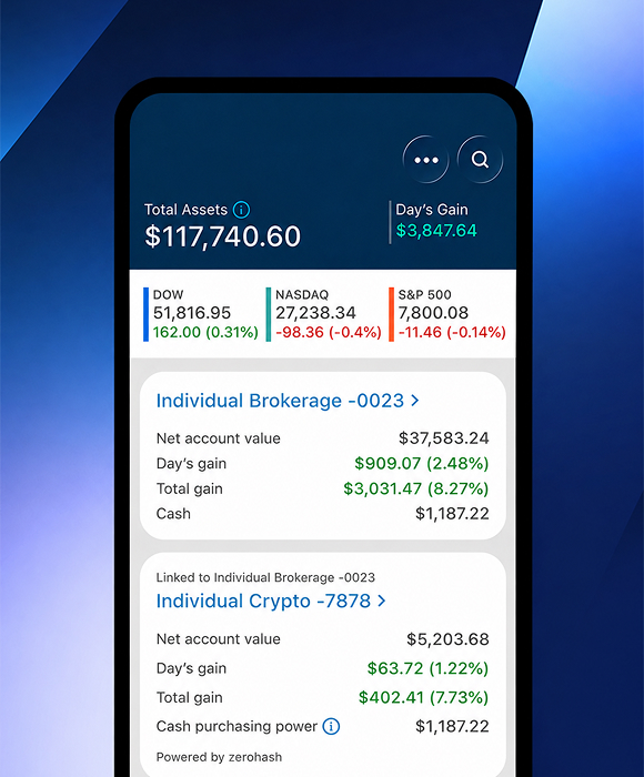E*TRADE mobile trading app showing a funded brokerage and crypto account