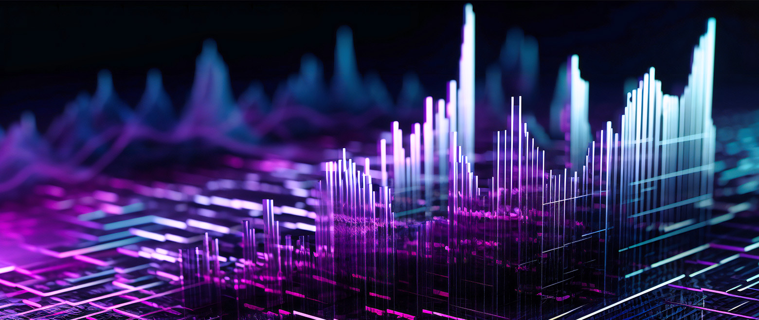  Blue and purple bar chart rising on a circuit board